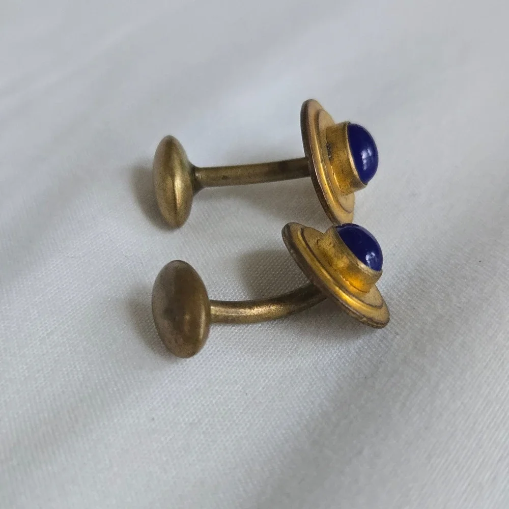 VTG Blue Glass Cabochon Cufflinks Mens Gold Oval Antique Art Deco USA‎ Unbranded